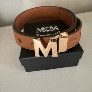 MCM Brown Leather Belt with Gold Buckle